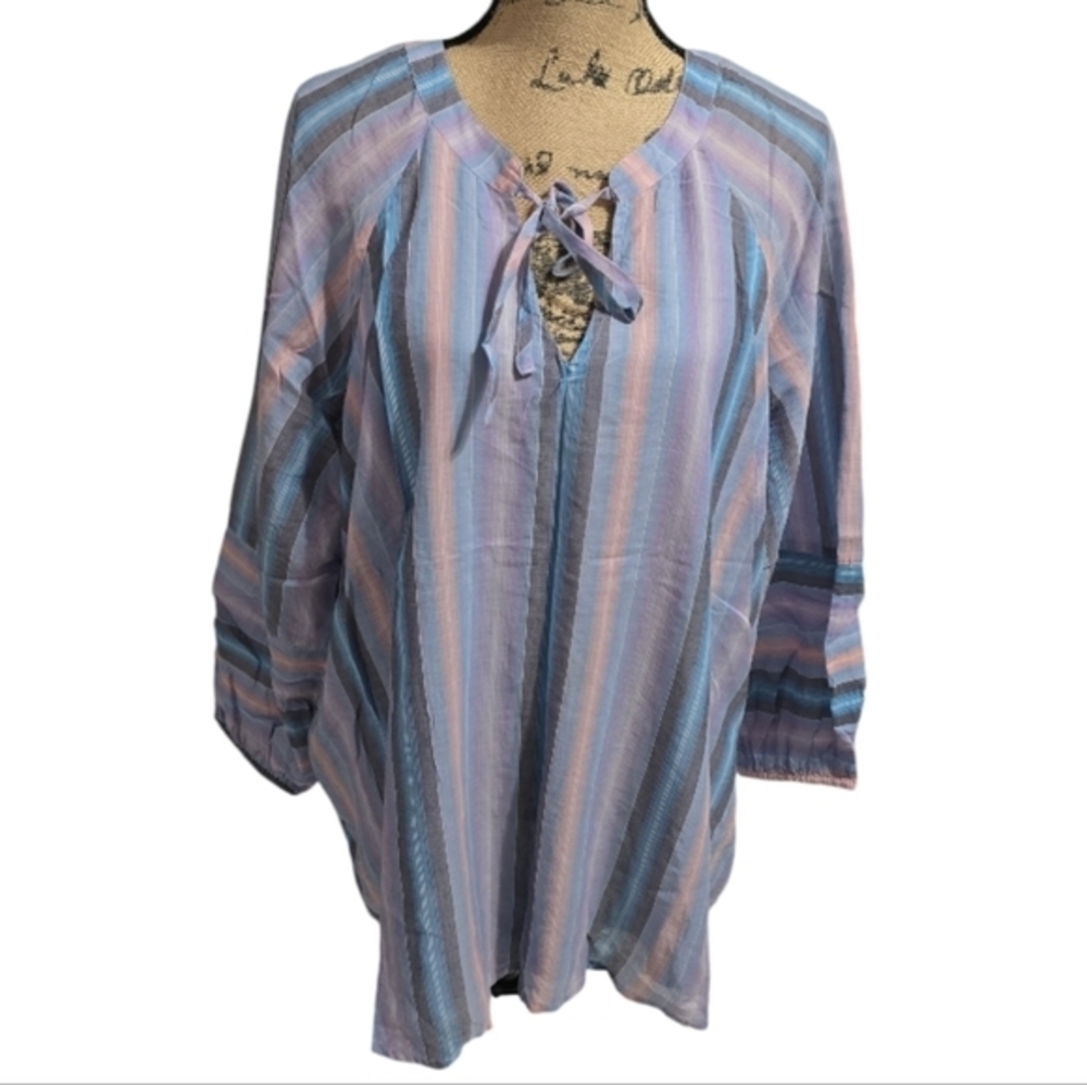 Lane Bryant Blue Pink Striped‎ Cotton Tie Neck Peasant Blouse Top Womens Plus 18
